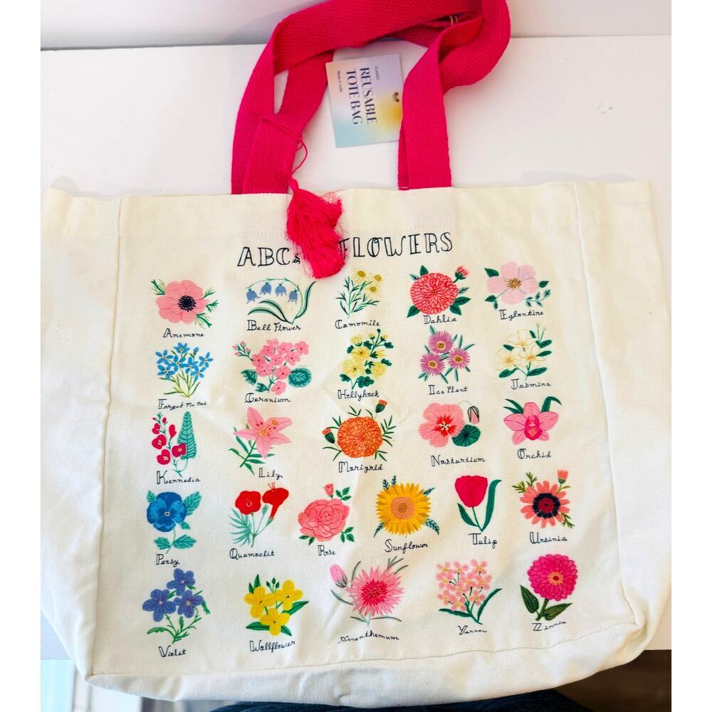 ABC‎ Flowers Tote Bag Canvas Floral Print Floral Pink Handles Yoga Grocery Reuse